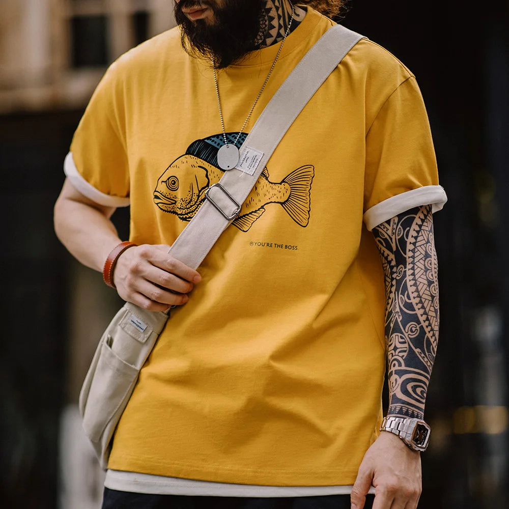 Boss Fish Graphic Cotton T-Shirt – Men’s Oversized Round Neck Short Sleeve Tee