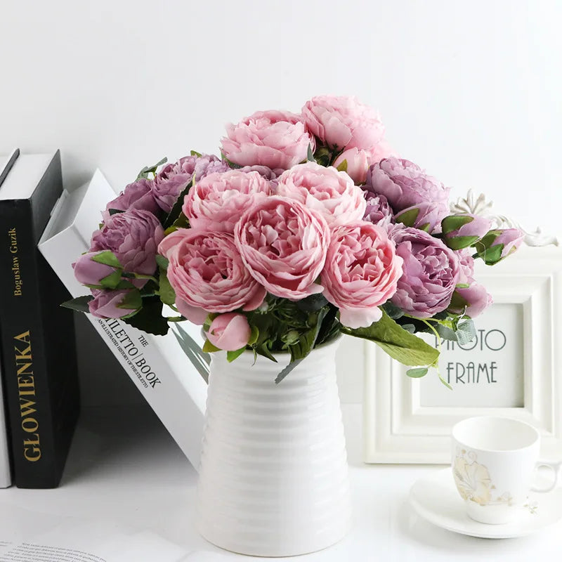 Peonelle Silk Peony Flower Bundle – 5 Head Faux Peony Stem with Buds Decorative Floral Arrangement