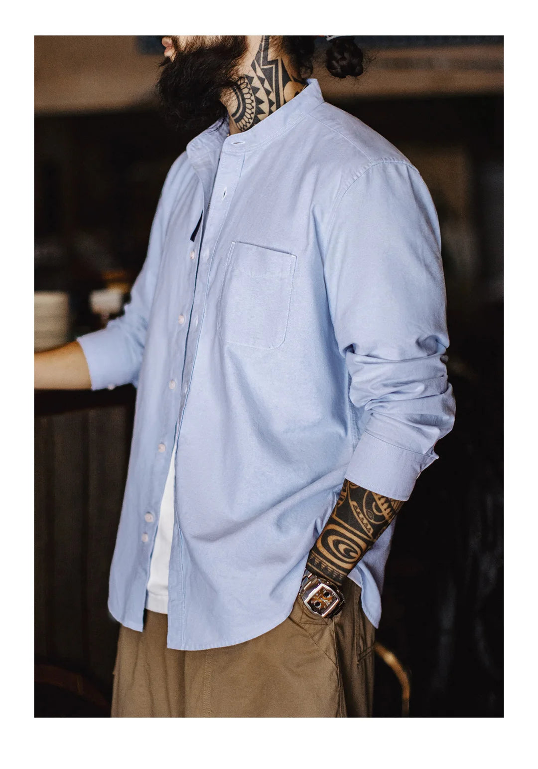 Bexley Men’s Oxford Grandad Collar Shirt – Long Sleeve Button-Up Cotton Casual Smart Shirt with Chest Pocket