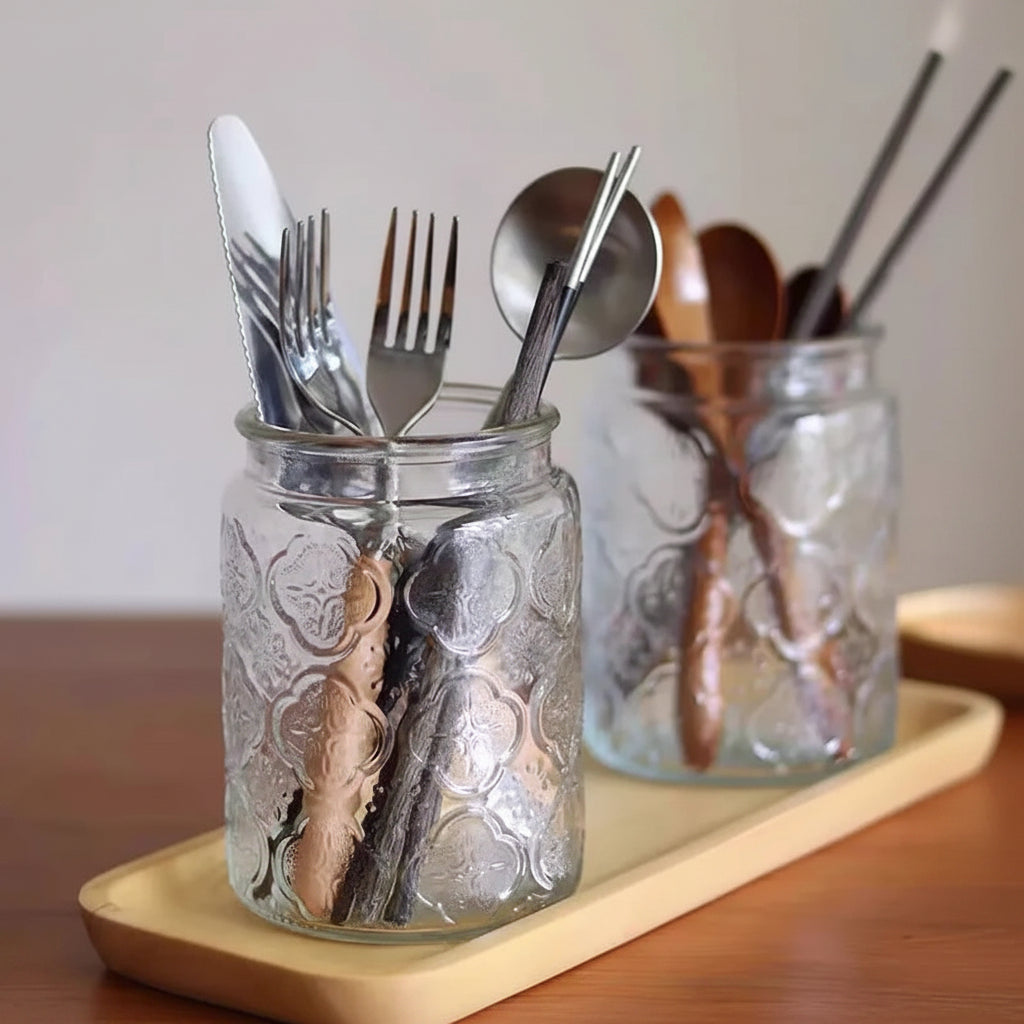Embossed Glass Storage Jar with Wooden Lid