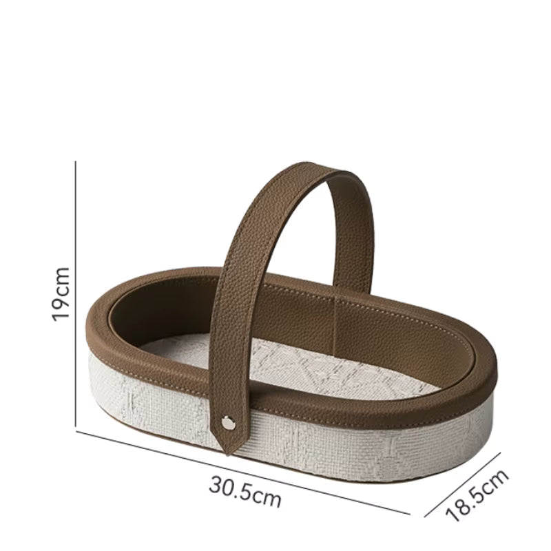 Luxury Leather Storage Basket with Handle – Oval Organiser Tray for Keys, Jewellery & Desk Accessories