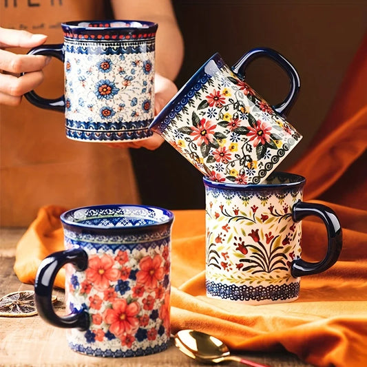 Floral Ceramic Coffee Mug – Vintage Pattern Tea Cup with Handle, Decorative Kitchen Mug for Coffee & Tea