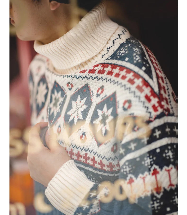 Men's Fair Isle Knit Polo Neck Jumper – Nordic Ribbed Pullover Winter Knitwear for Men