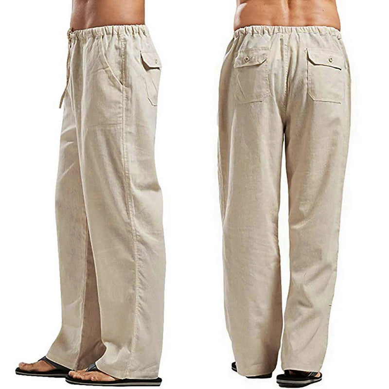 Men’s Wide-Leg Trousers – Relaxed Fit Elasticated Waist Drawstring Linen-Style Pants