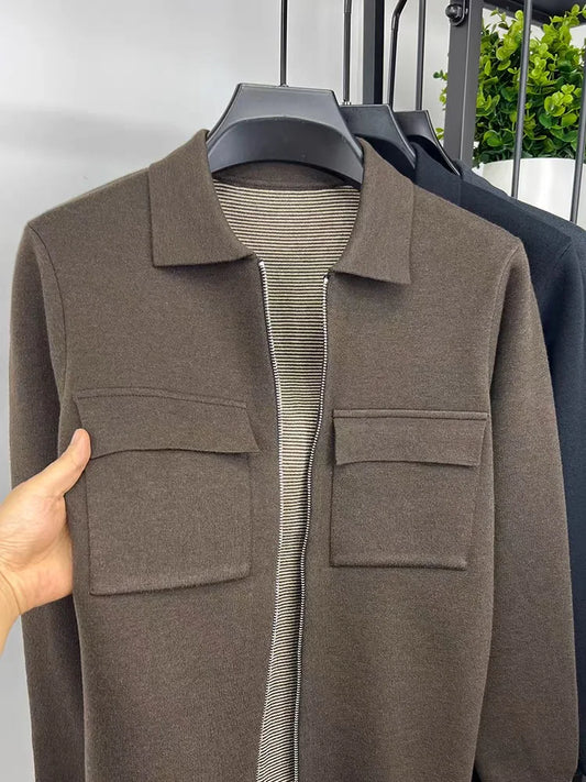 Men's Wool Blend Zip-Up Cardigan Jacket – Smart Casual Knit Overshirt with Utility Pockets and Turn-Down Collar
