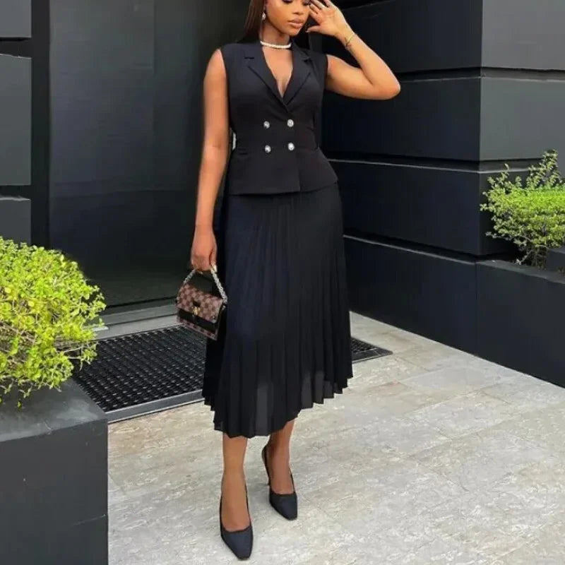 Nerina Double-Breasted 2 Piece Pleated Midi Dress – Sleeveless Blazer Top & Skirt Set in Black, Cream or Beige
