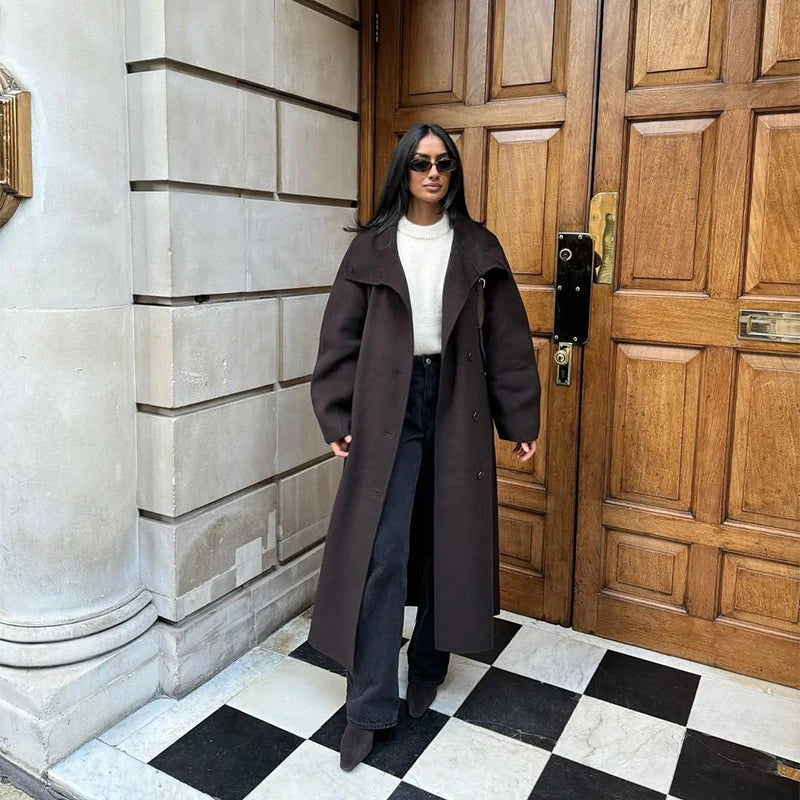 Adelisse Belted High Neck Wool Blend Maxi Coat – Women’s Longline Winter Overcoat with Statement Collar