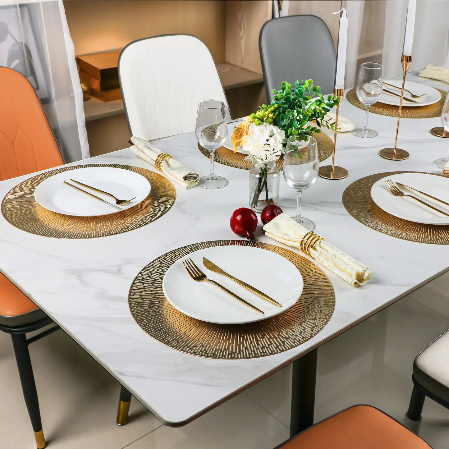 Metallic Round Dining Placemats Set of 6 – Gold, Silver or Rose Gold Table Mats, Non Slip Wipe Clean Heat Resistant Table Placemats