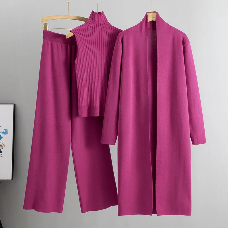 Aravelle Three-Piece Knit Co-Ord Set – Ribbed High Neck Top, Longline Cardigan and Wide-Leg Trousers