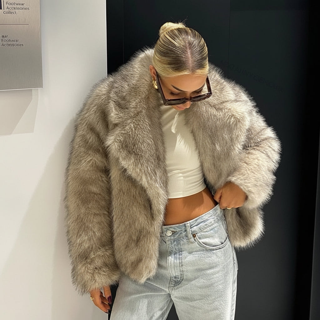 Mirellana Plush Faux Fur Coat – Women’s Oversized Luxury Winter Jacket with Wide Collar