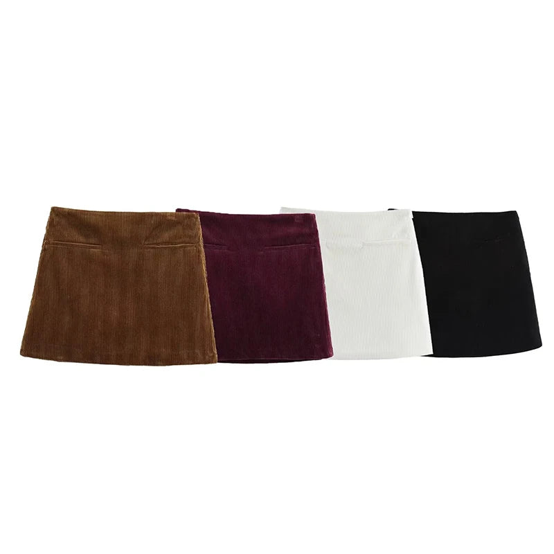 Cordette Corduroy A-Line Mini Skirt – High Waist Winter Skirt in Brown, Black, Claret & White