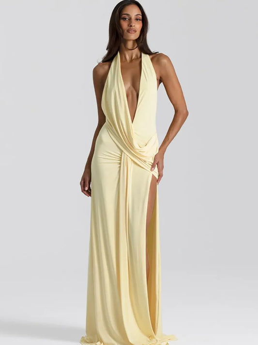 Serenelle Halter Neck Maxi Dress – Deep V Backless Evening Dress, Thigh Split Elegant Gown in Pink, Lemon & Black