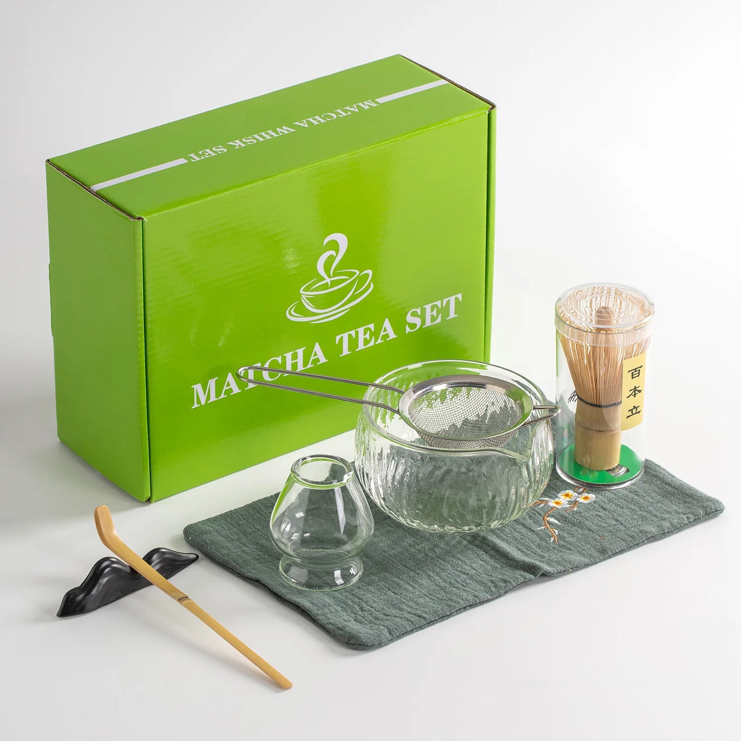 Kōrin Glass Matcha Tea Set – 7 Piece Matcha Bowl Set with Bamboo Whisk, Scoop, Strainer and Holder