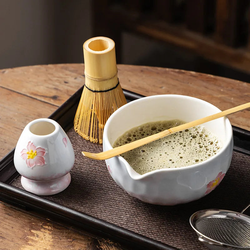 Sakura Bloom Matcha Making Set – 5-Piece Japanese Matcha Tea Bowl & Whisk Kit with Bamboo Scoop, Sifter & Holder