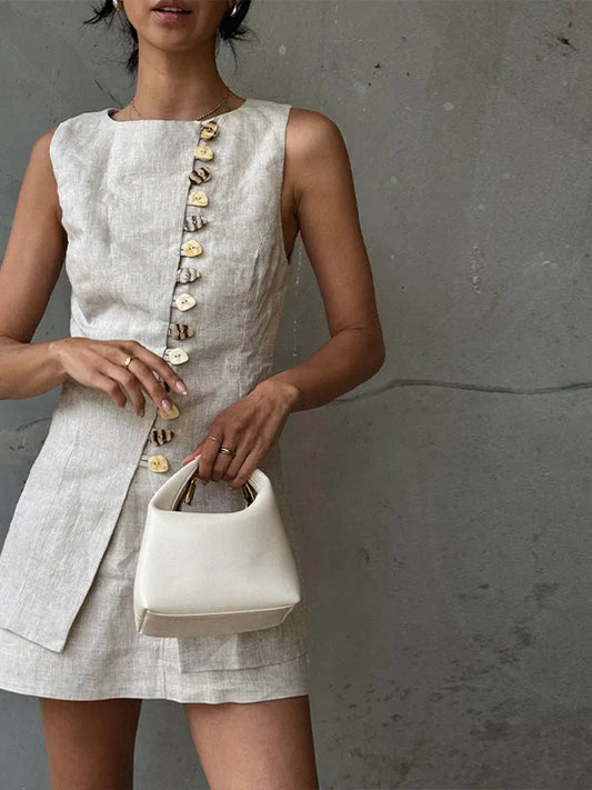 Maris Asymmetric Button Co-ord Set – Sleeveless Vest & Mini Skirt Two-Piece in Natural Beige