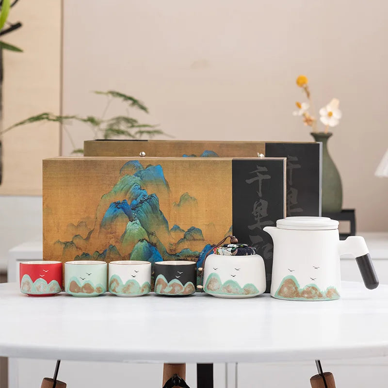 Hand-Painted Mountain Ceramic Tea Set with Tea Holder – 6-Piece Teapot & Four Cups Gift Box