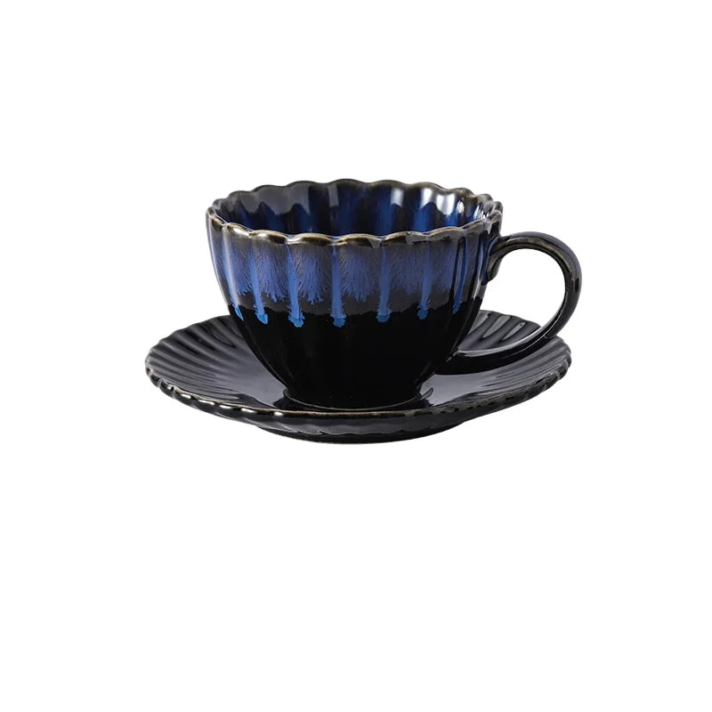 Aurevian Ribbed Coffee and Tea Cup and Saucer Set – Textured Ceramic Cup 200ml Signature Tableware