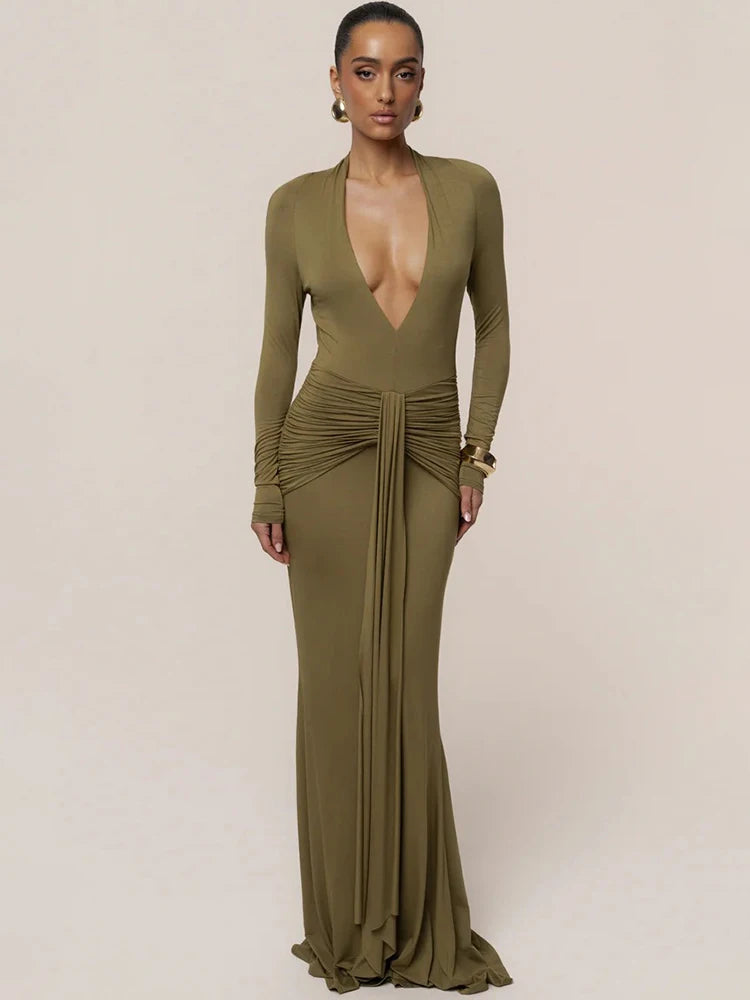 Virelia Plunge Neck Maxi Dress – Ruched Open Back Occasion Dress