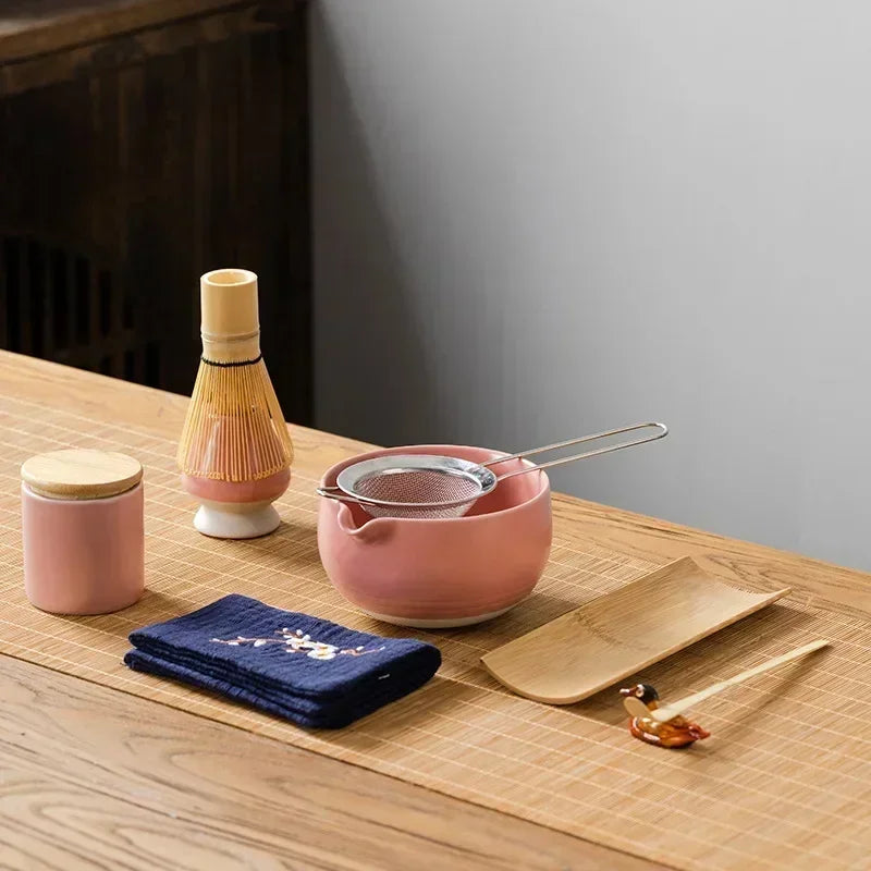 Traditional Japanese Matcha Set – 9 Piece Tea Ceremony Gift Box with Bowl, Whisk & Accessories (Pink, Green, White)