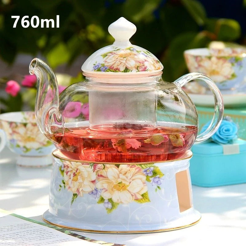 Floral English Tea Set with Glass Teapot & Porcelain Cups – Vintage Afternoon Tea Gift Set