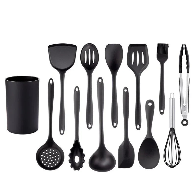 13-Piece Black Silicone Kitchen Utensil Set with Holder – Heat Resistant Non-Stick Cooking Tools