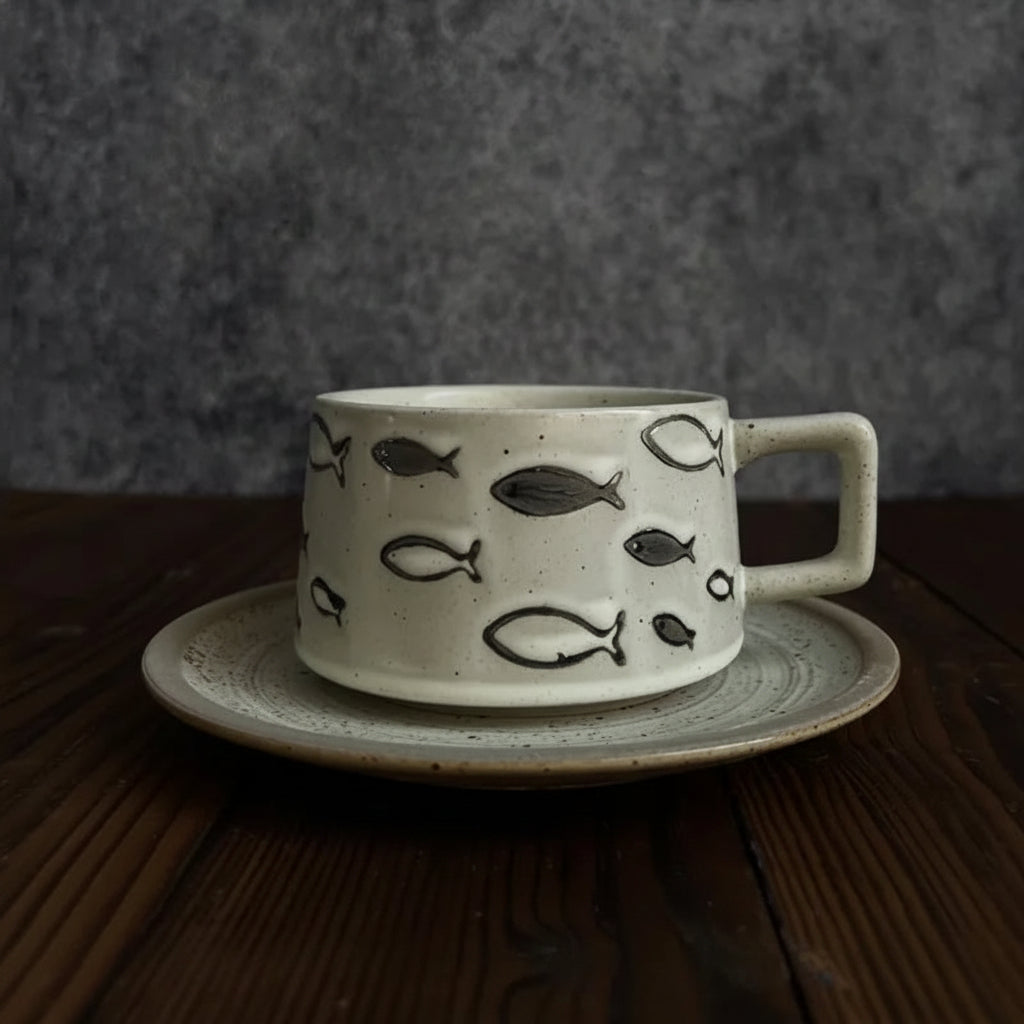 Cavella Patterned Tea and Coffee Cup Set – Textured Ceramic Cup and Saucer 250ml