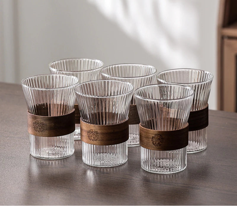 Ribbed Glass Carafe & Tumbler Set with Wooden Lid, Stand and Tray – Elegant Water & Juice Pitcher for Dining and Entertaining