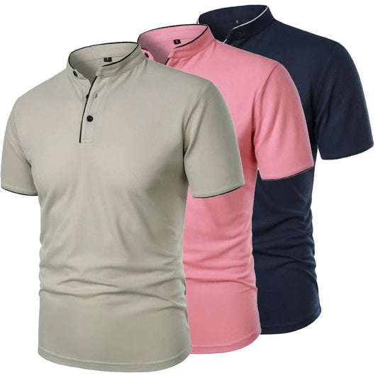 Men’s Mandarin Collar Polo Shirt – Short Sleeve Casual Buttoned Tee in 9 Colours for Everyday Comfort