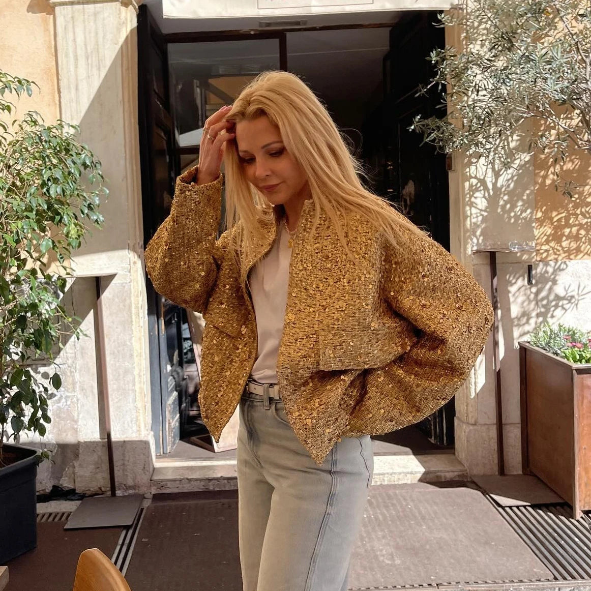 Averelle Sequin Bomber Jacket – Gold, Black & White Glitter Oversized Coat for Women
