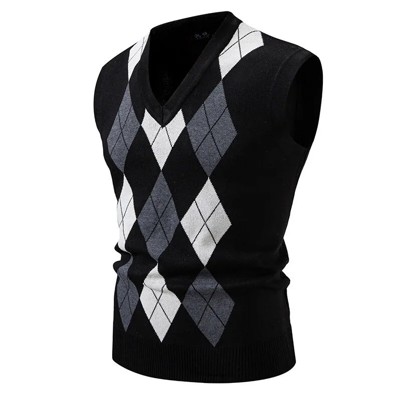 Men’s Argyle Knit Sleeveless Jumper Vest – Classic Diamond Pattern V-Neck Pullover
