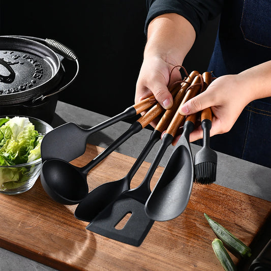 7-Piece Black Silicone Cooking Utensil Set with Wooden Handles – Non-Stick Heat Resistant Kitchen Tools