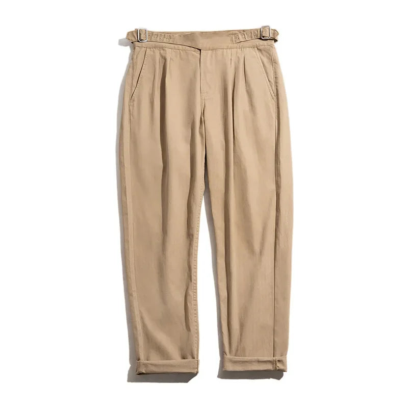 Carrick Pleated Chino Trousers – Sand Belted Adjustable Waist Straight Leg Men's Cotton Trousers
