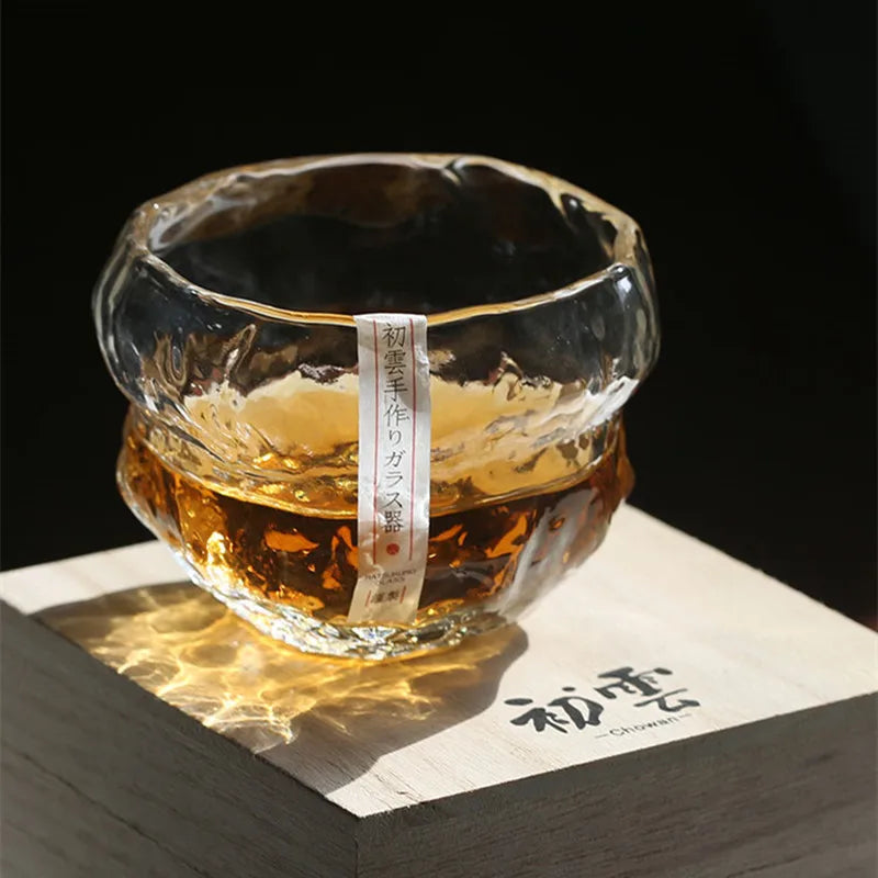 Hikari Sculpted Whisky Glass – Japanese Hand-Blown Irregular Crystal Tumbler with Wooden Gift Box | Single or 2-Piece Set