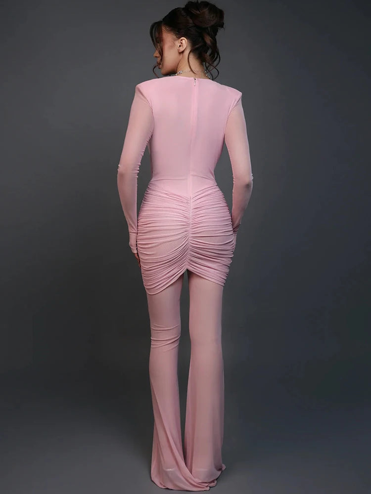 Isolene Mesh Panel Plunge Jumpsuit – Sheer Long Sleeve Bodycon One-Piece for Partywear & Nights Out