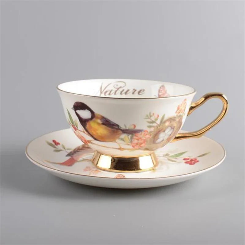 Botanical Bird Cup and Saucer Set – Hand Painted Ceramic Tea Set