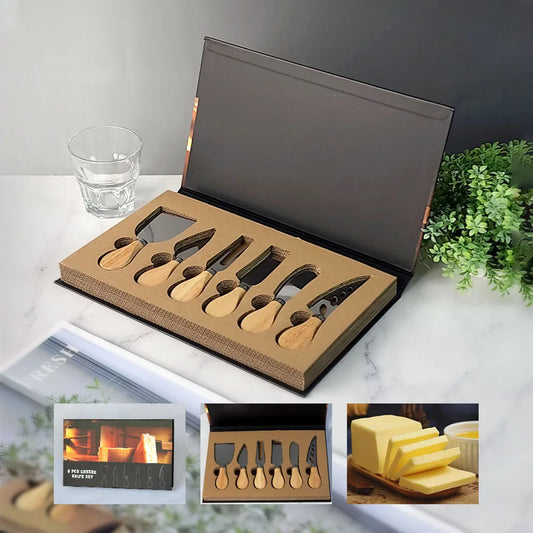 6 Piece Stainless Steel Cheese Knife Set with Walnut Handles – Cheese Board Utensils in Gift Box