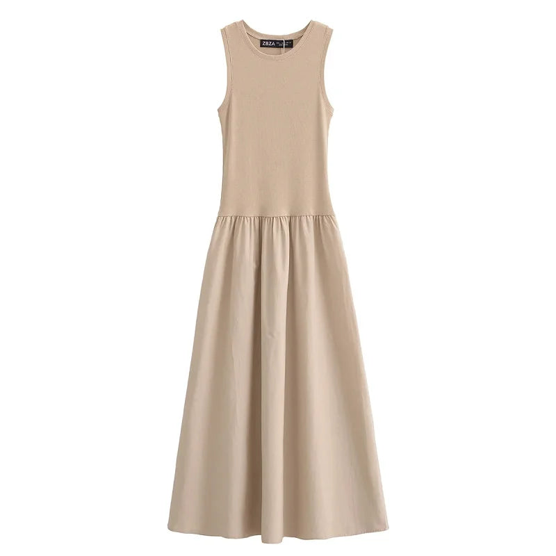 Sanna Sleeveless Cotton Midi Dress – Gathered Waist Casual Summer Dress in Beige & Black