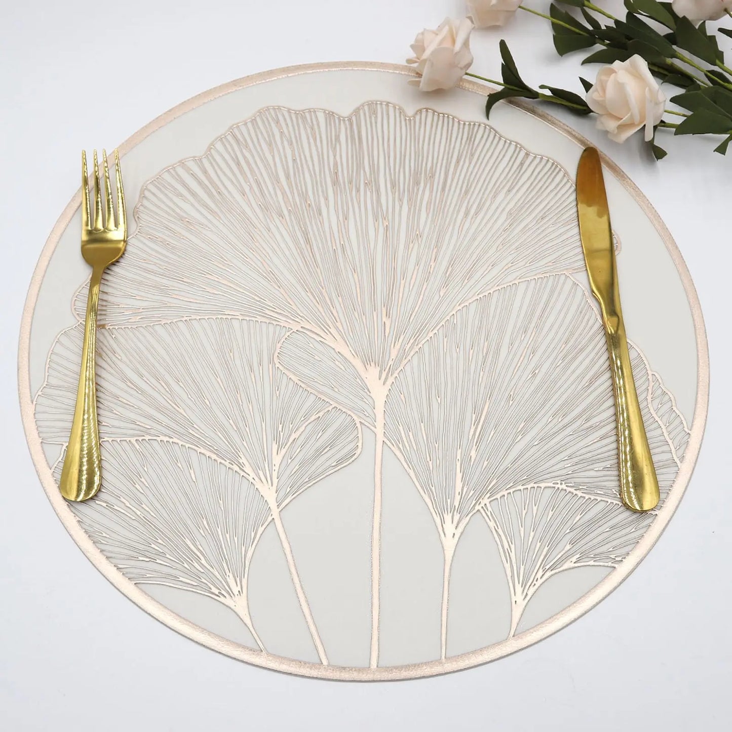 Ginkgo Leaf Round Dining Placemats – 6 Piece Set Non Slip Waterproof Table Mats 38cm Heat Resistant Wipe Clean Dining Table Mats
