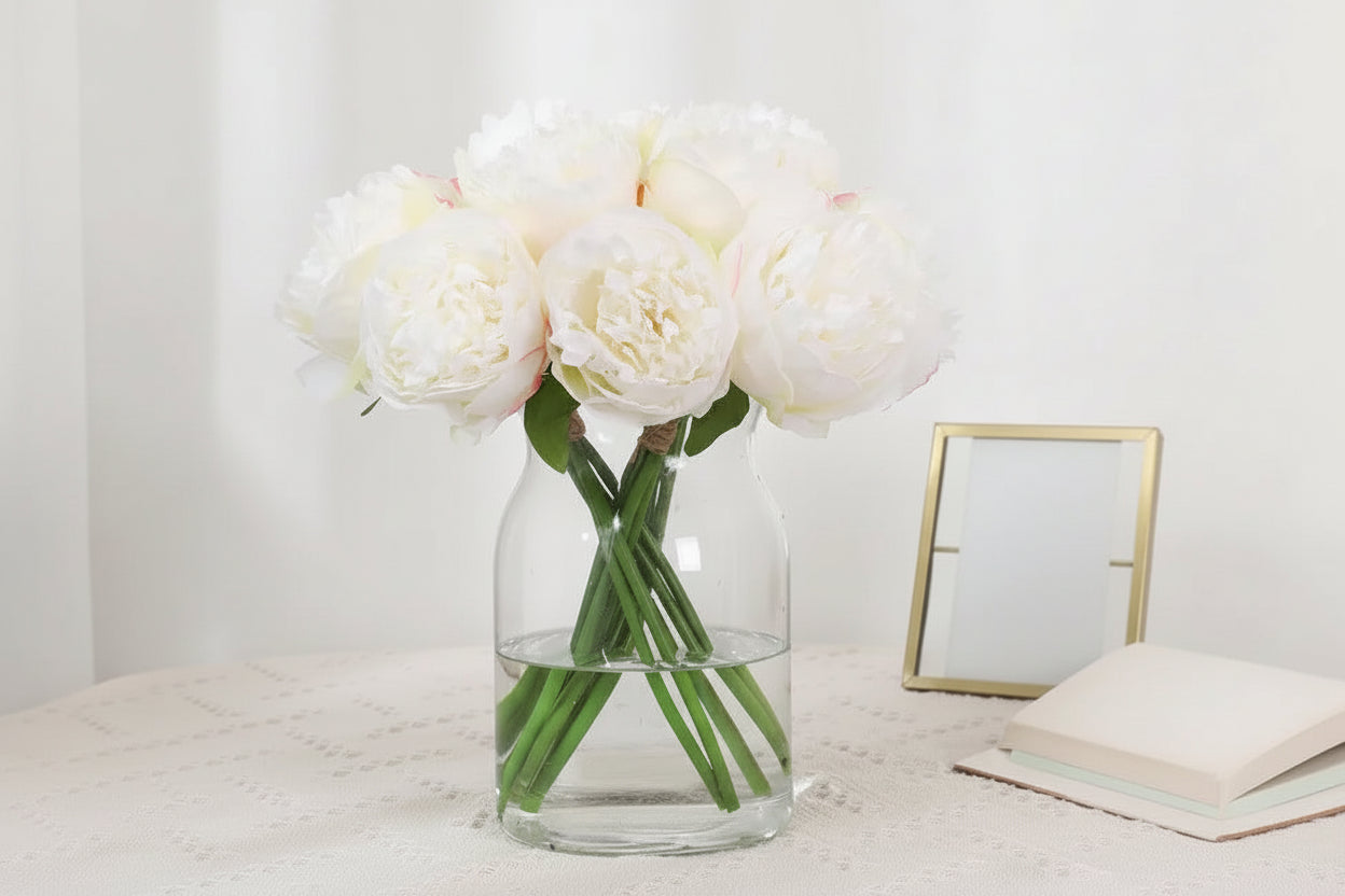 Peonia Bloom Bouquet – Silk Faux Peony Flower Arrangement with 5 Heads for Vase Styling, Wedding Flowers and Home Décor