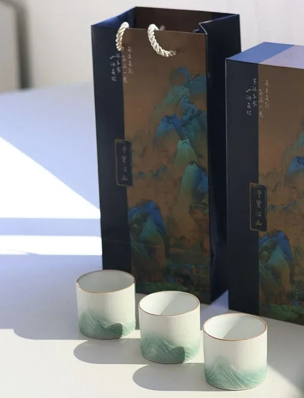 Mountain Landscape Ceramic Tea Cup Gift Set – 3-Piece Handmade Cups with Traditional Art Gift Box