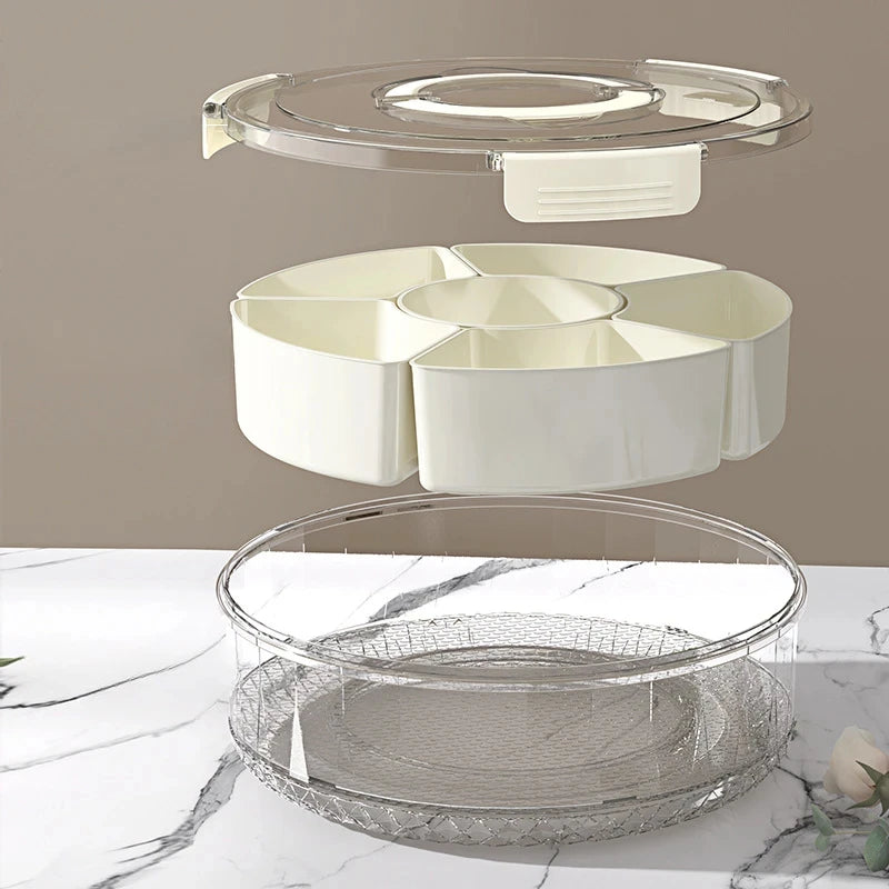 Round Rotating Food Storage Container – 6-Compartment Snack Box with Lid