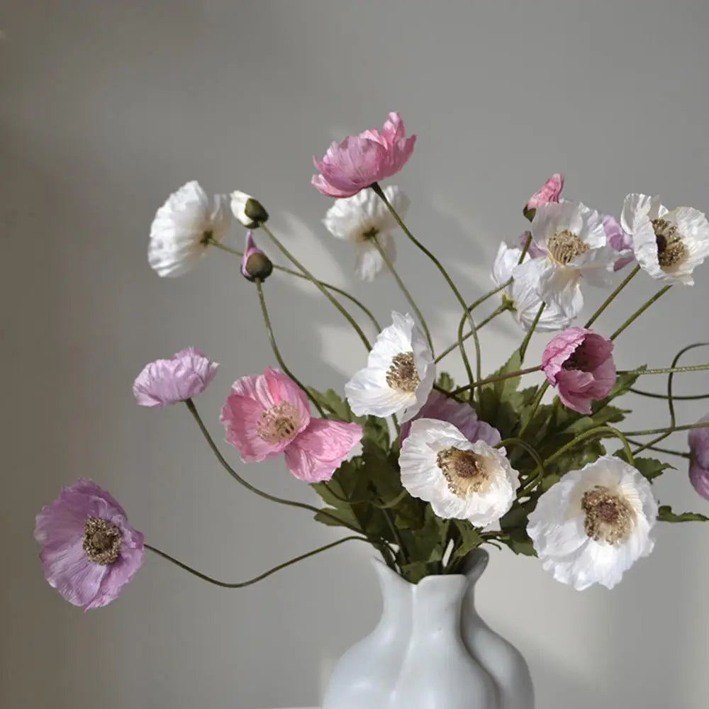 Meadow Poppy Stem Bundle – Silk Poppy Flower Stem with 3 Blooms and 1 Bud for Vase Arrangements and Home Styling