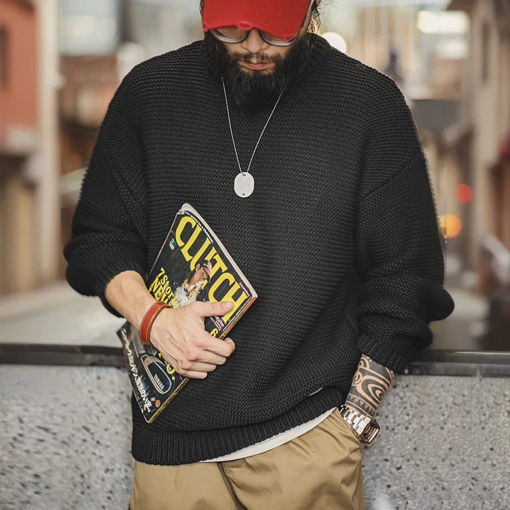 Relaxed Textured Knit Crew Neck Jumper – Oversized Fit Ribbed Hem Men’s Pullover