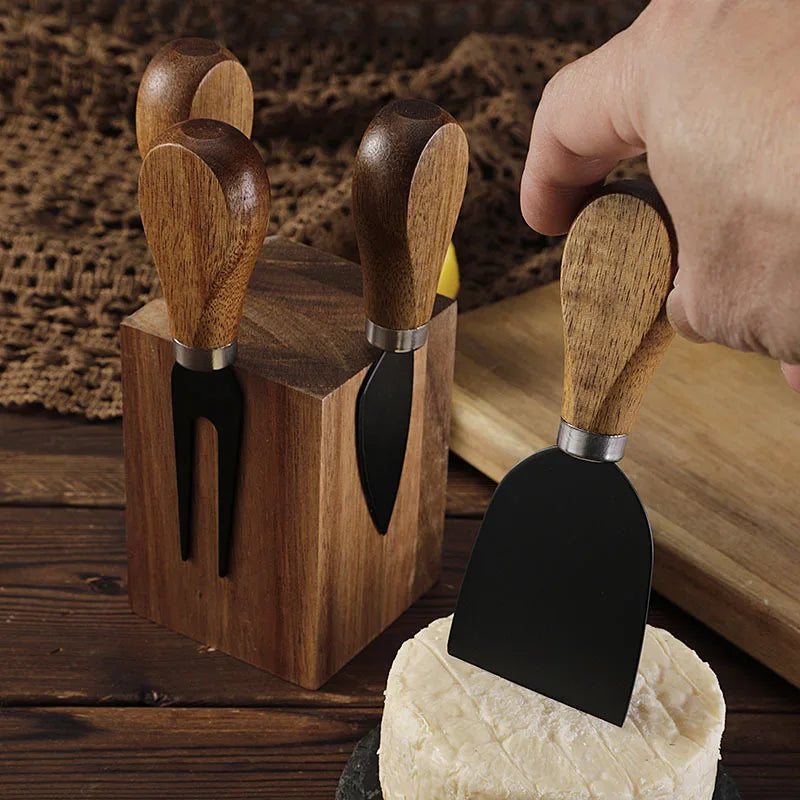 Acacia Wood Magnetic Cheese Knife Set – 5-Piece Stainless Steel Cheese Knives with Wooden Block Holder