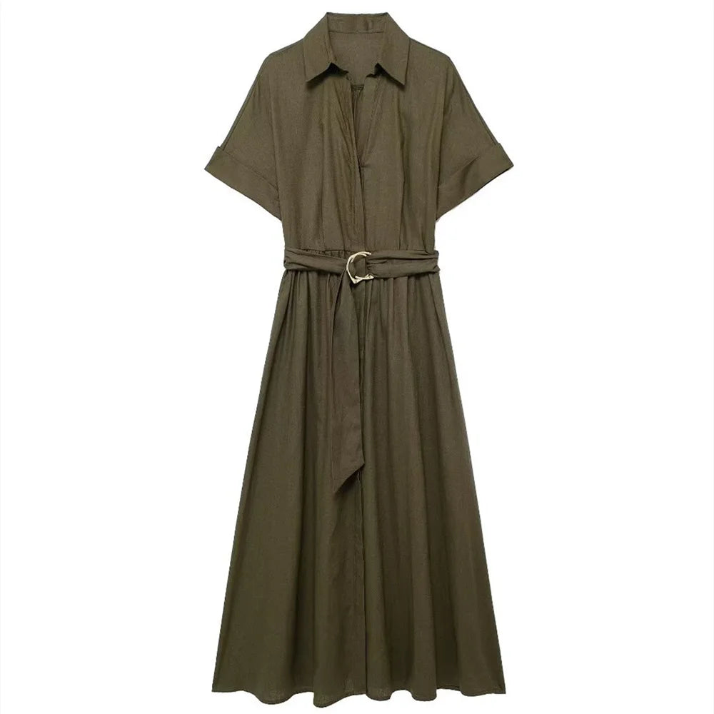Lunira Belted Shirt Midi Dress – Short Sleeve Summer Shirt Dress in Khaki Green and Soft Beige