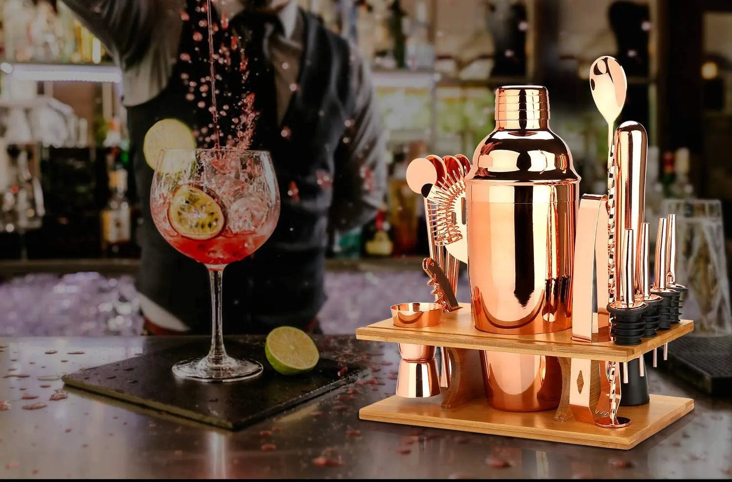 Cocktail Bar Set Mixology Bartender Kit – 16-Piece Cocktail Shaker Set with Bamboo Stand, Stainless Steel Bar Tools for Home Bar