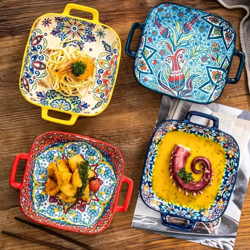 Cerelle Ceramic Oven Plate and Serving Dish with Handles – Decorative Baking Dish for Roasting Cooking and Dining Table