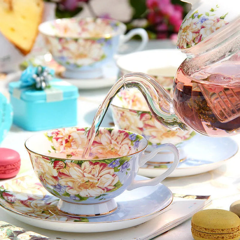 Floral English Tea Set with Glass Teapot & Porcelain Cups – Vintage Afternoon Tea Gift Set