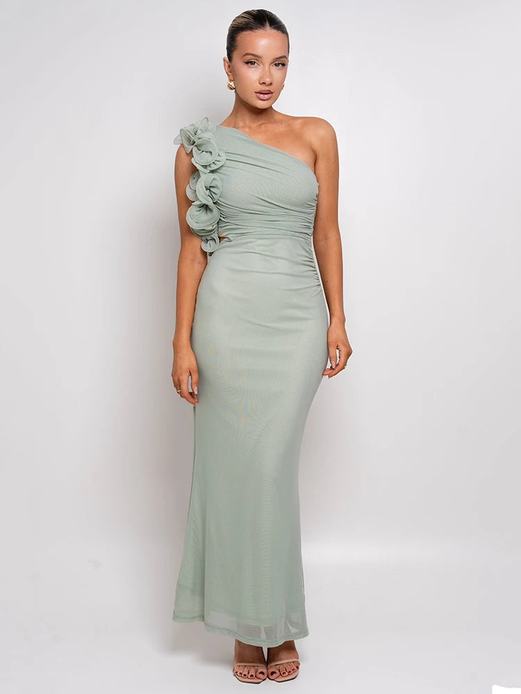 Delphina One Shoulder Ruched Maxi Dress with Floral Appliqué – Black or Green Wedding Guest Outfit