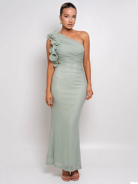 Delphina One Shoulder Ruched Maxi Dress with Floral Appliqué – Black or Green Wedding Guest Outfit